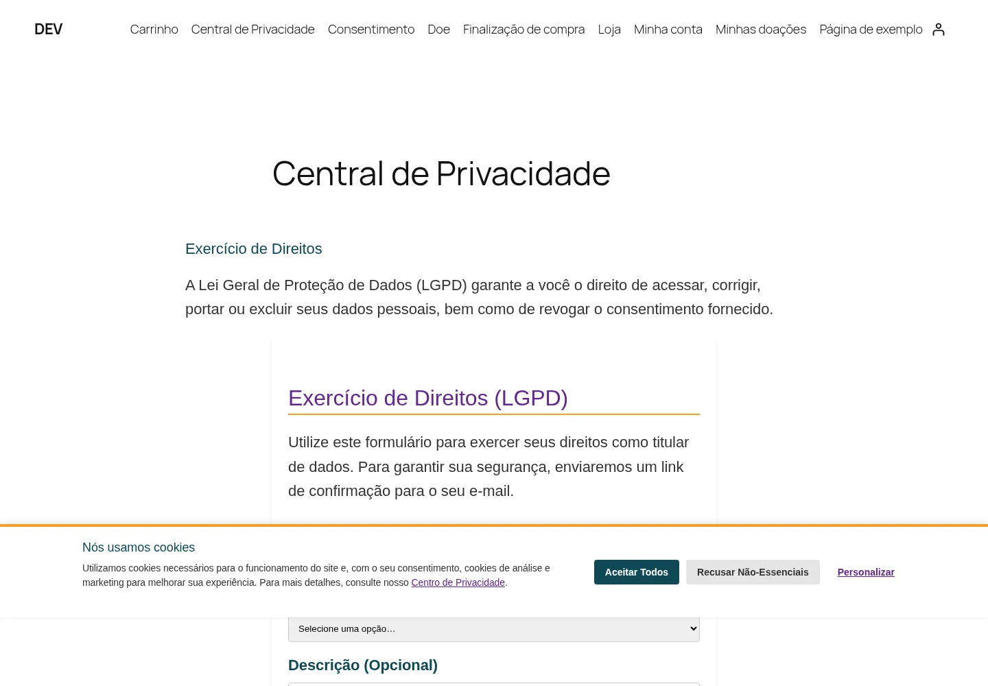 Central de Privacidade pública com formulário de direitos e banner de cookies