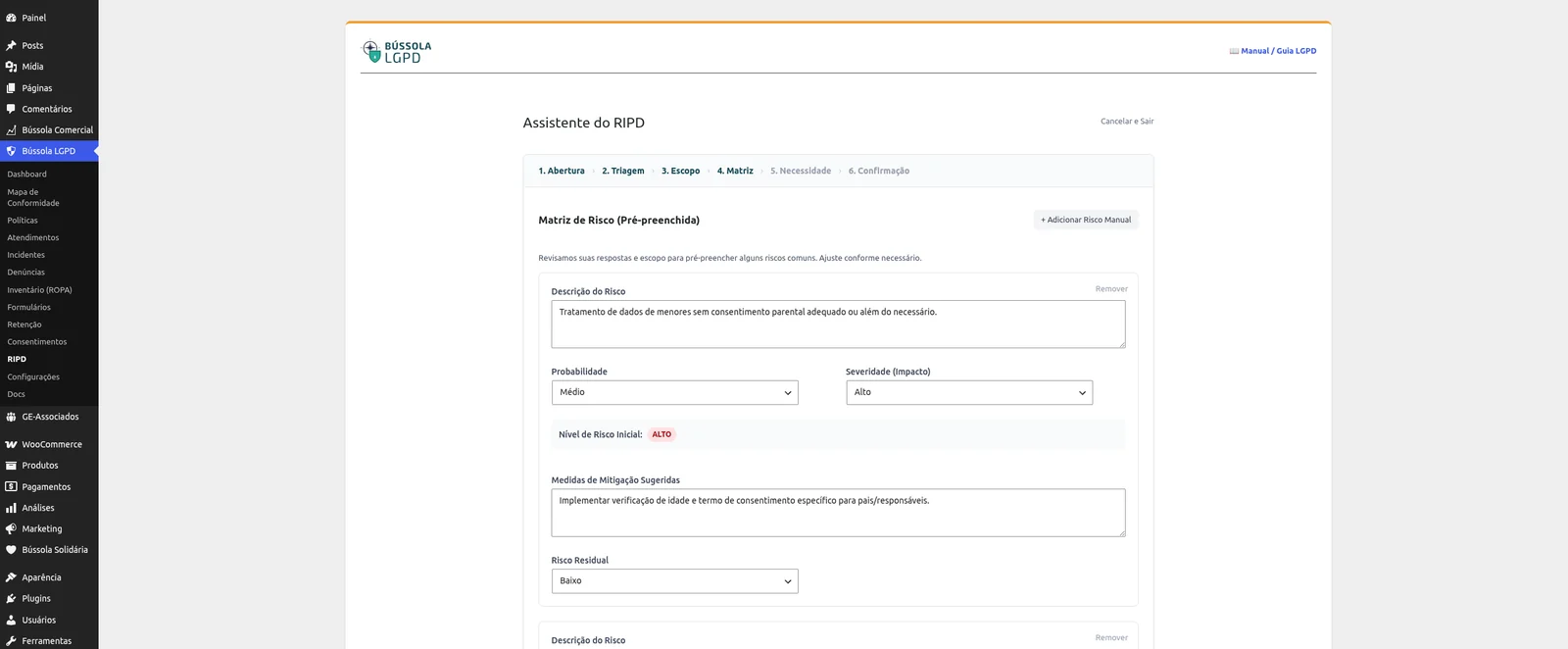 Assistente do Relatório de Impacto com matriz de risco pré-preenchida